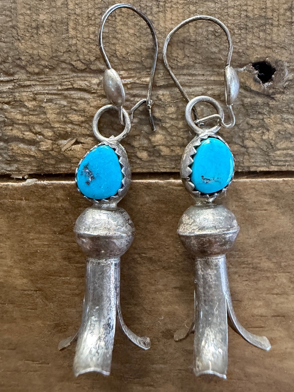 Vintage Native Navajo Handmade Sterling Silver Turquoise Squash Blossom Earrings